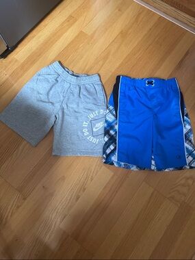Nike Grey Athletic Shorts and Bright Blue Swim Trunks - Kids Bottoms. Size 10/12